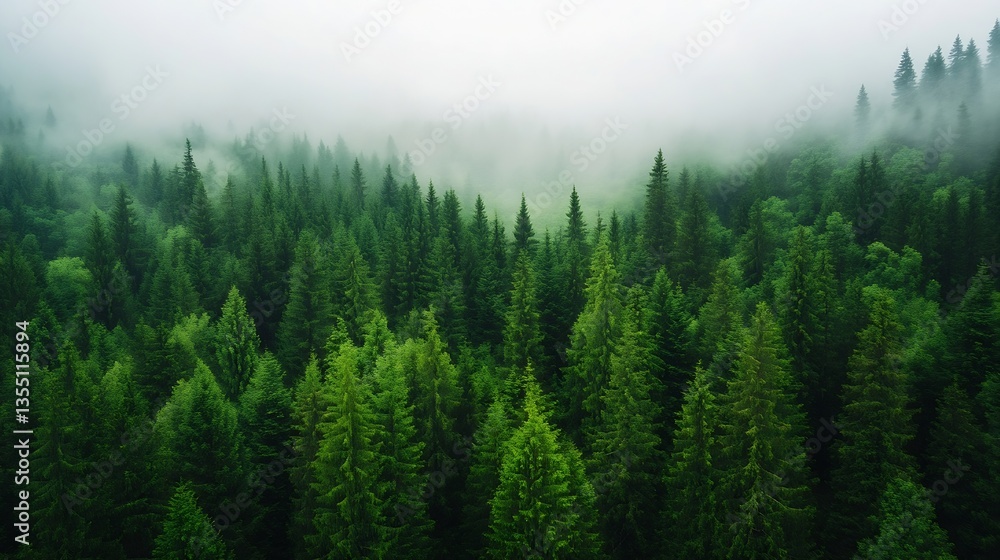 Aerial view of dense evergreen forest shrouded in mist creating a mystical atmosphere : Generative AI Aerial view of dense evergreen forest shrouded in mist creating a mystical atmosphere : Generative AI