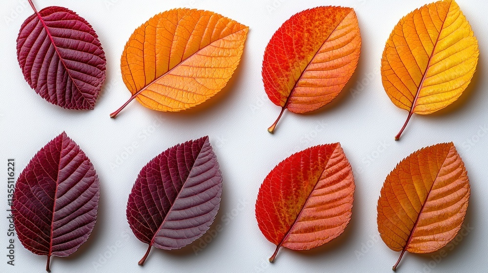 Obraz premium Autumn leaves flatlay, white background, seasonal design