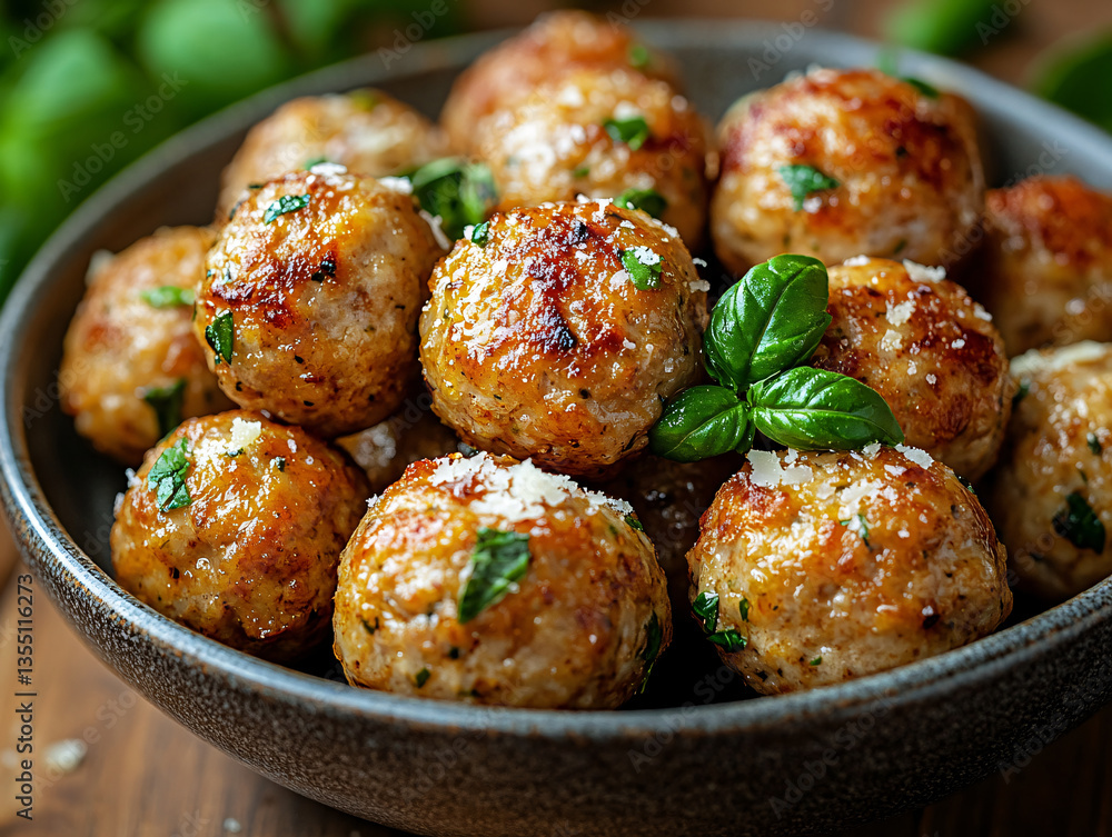 a plate of fried arancini (Italian rice balls) topped with grated cheese and chopped herbs, garnished with fresh basil leaves. a plate of fried arancini (Italian rice balls) topped with grated cheese and chopped herbs, garnished with fresh basil leaves.