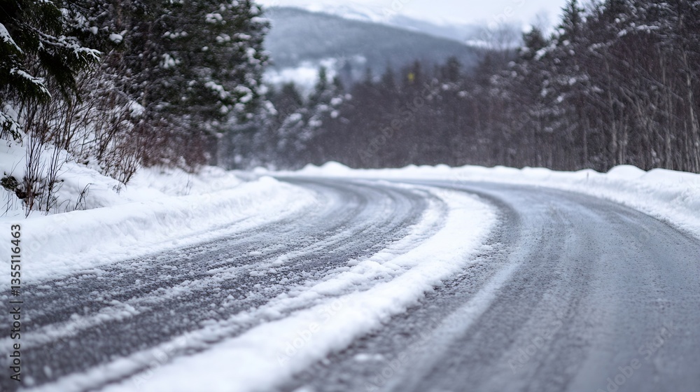 Winding road surrounded by snowcovered terrain in a serene winter landscape with trees in the distance : Generative AI Winding road surrounded by snowcovered terrain in a serene winter landscape with trees in the distance : Generative AI