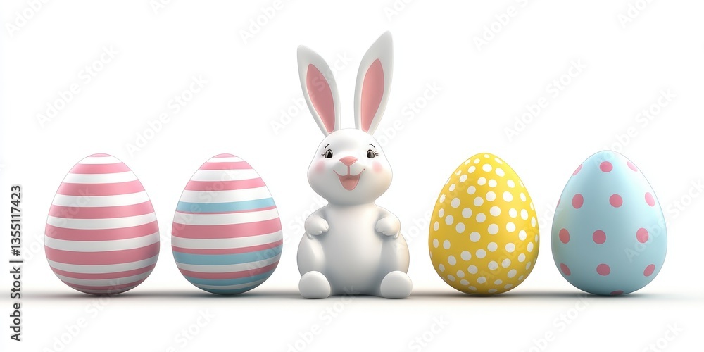 Cute bunny with colorful Easter eggs on white background Cute bunny with colorful Easter eggs on white background