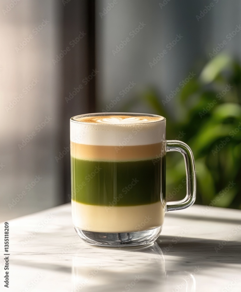 Layered matcha latte in a glass mug against a serene backdrop Layered matcha latte in a glass mug against a serene backdrop