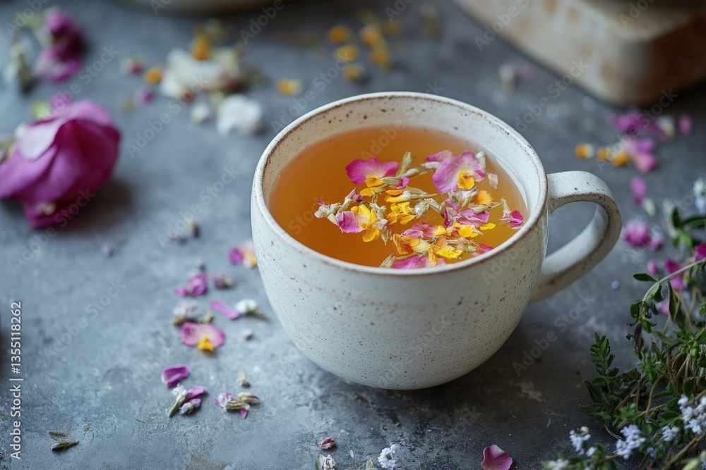 Spring Herbal Tea with Edible Flowers on Rustic Background Spring Herbal Tea with Edible Flowers on Rustic Background