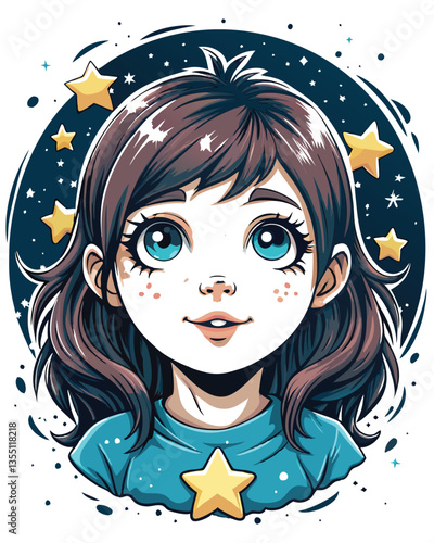 A cute girl, long hair, gazing in awe at a vibrant, starry night sky, feeling wonder and peace.  Detailed, realistic style.