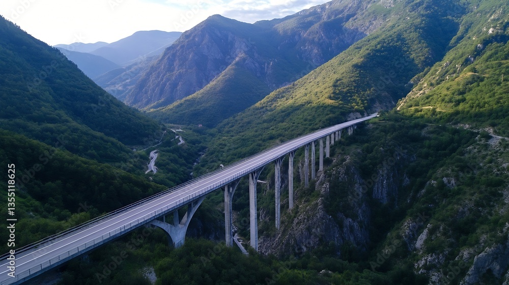 Stunning Scenic View of a Bridge Stretching Across Lush Mountain Valley Landscape : Generative AI Stunning Scenic View of a Bridge Stretching Across Lush Mountain Valley Landscape : Generative AI