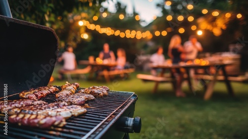 A family barbecue in a backyarda grill with food, people laughing, picnic tables, and string lights hanging from trees in the evening.