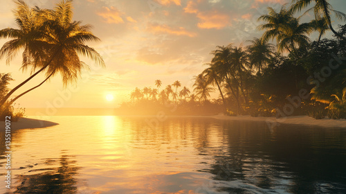 Serene sunset over a tranquil tropical beach with palm trees reflecting on calm waters
