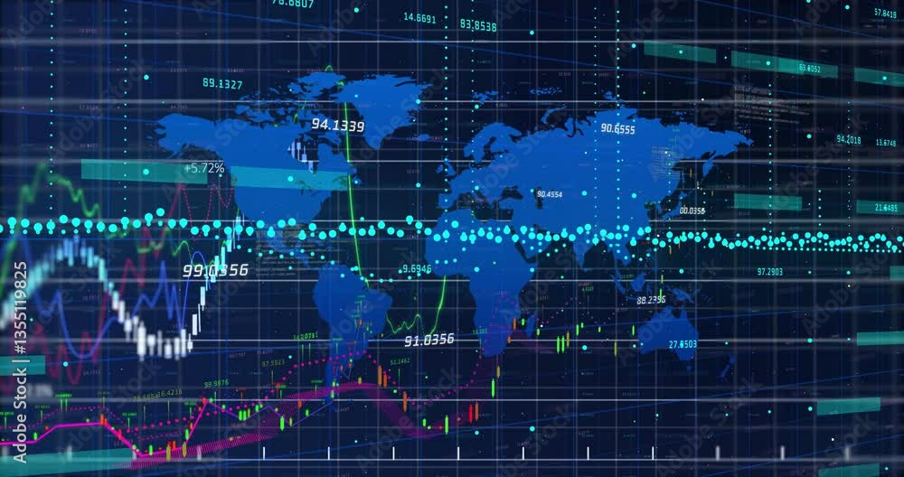 Animation of world map with financial graphs and data points on digital grid Animation of world map with financial graphs and data points on digital grid
