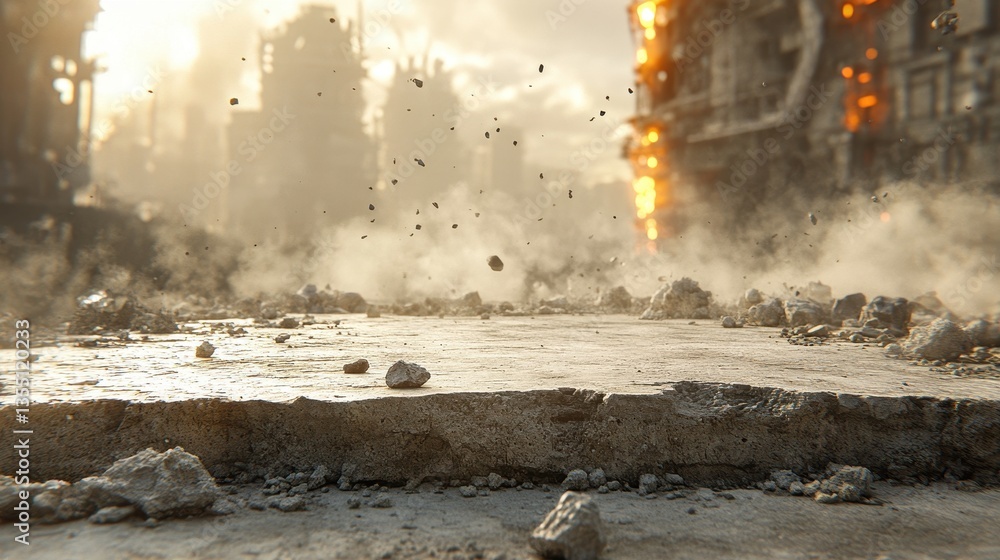 Fototapeta premium Post-Apocalyptic Cityscape Crumbling Concrete and Dust