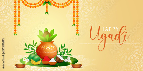 Happy Ugadi, New Year's Day according to the Hindu calendar - banner template design including Kalash, banana leaf, green mango, flowers, rangoli and diya.