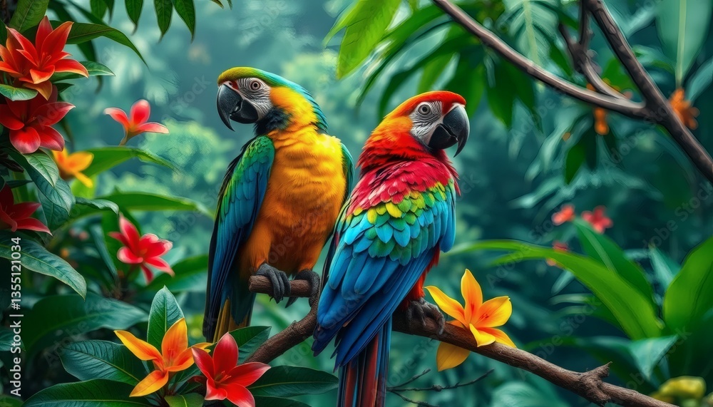 Colorful Macaws Perched on Branch Surrounded by Lush Greenery and Flowers Colorful Macaws Perched on Branch Surrounded by Lush Greenery and Flowers