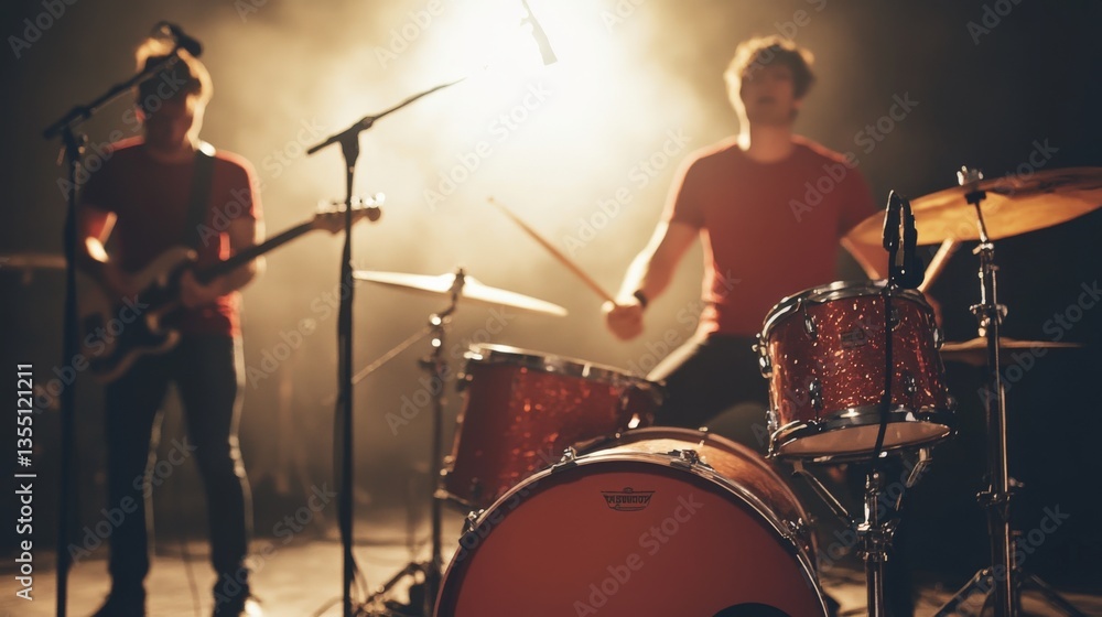 Fototapeta premium Two musicians, guitarist and drummer, performing on stage.