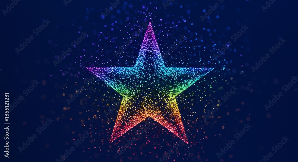 Rainbow Star Dust Sparkle - A vibrant rainbow star composed of glittering particles on a deep blue background. Perfect for celebration, achievement, or magical themes Rainbow Star Dust Sparkle - A vibrant rainbow star composed of glittering particles on a deep blue background. Perfect for celebration, achievement, or magical themes