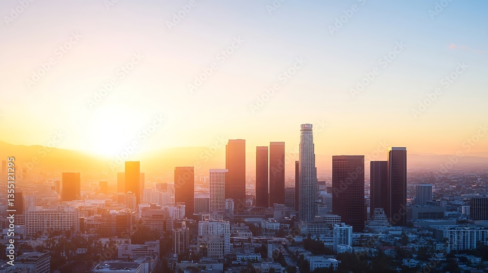 Fototapeta premium Urban skyline silhouette at sunset with vibrant colors illuminating the silhouette of skyscrapers in Los Angeles : Generative AI