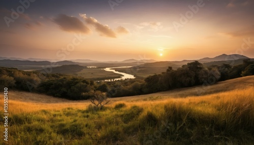 Wallpaper Mural Sunset Over a Winding River in a Vibrant Valley Landscape with Golden Fields Torontodigital.ca