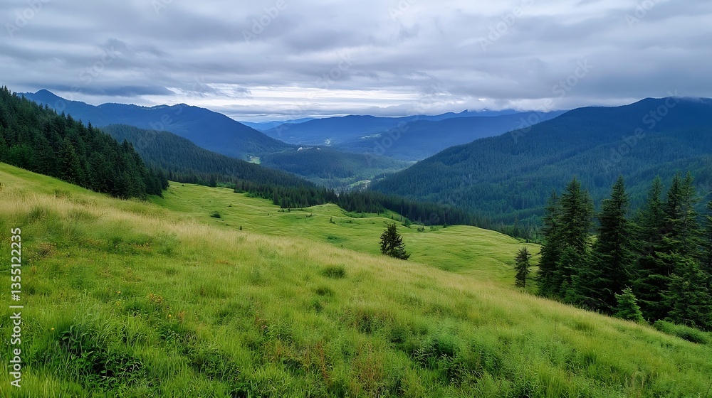 Panoramic view of lush green mountains and valleys under a cloudy sky in nature : Generative AI Panoramic view of lush green mountains and valleys under a cloudy sky in nature : Generative AI