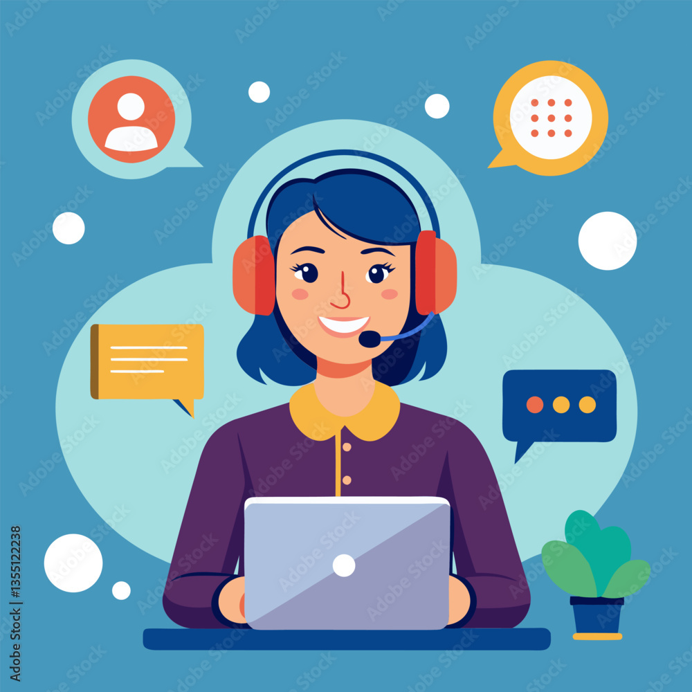 Happy customer service representative working. Happy customer service representative working.