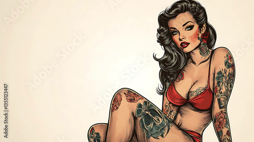 A pinup style illustration of a tattooed woman in a red bikini.