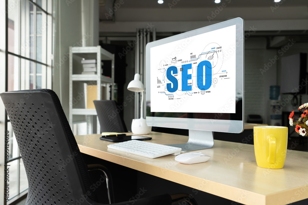 SEO search engine optimization for modish e-commerce and online retail business showing on computer screen SEO search engine optimization for modish e-commerce and online retail business showing on computer screen