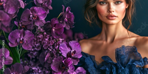 A stunning model surrounded by vibrant purple orchids. This beautiful image captures elegance and style. Perfect for fashion, beauty, and floral themes. 