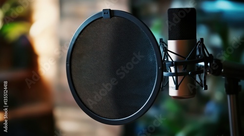 A professional pop filter with a sleek, circular black mesh and sturdy metal frame, attached to a modern microphone stand in a studio setting. The background is softly blurred.