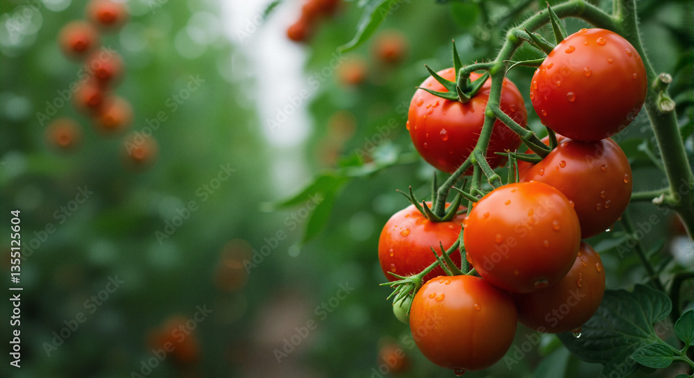 Fresh tomatoes growing on vine in green garden Fresh tomatoes growing on vine in green garden