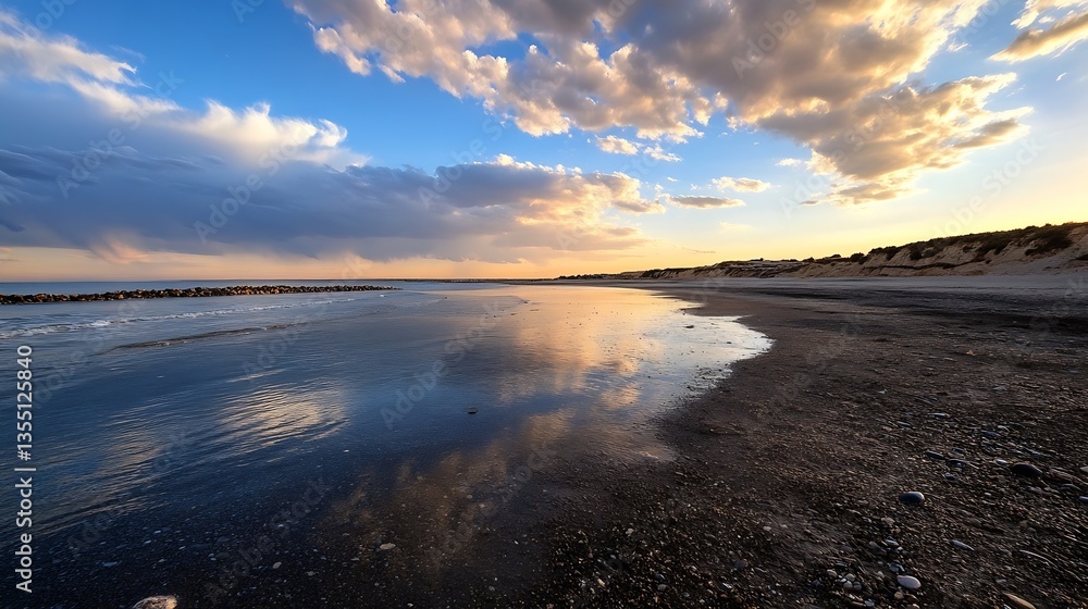 Fototapeta premium Scenic seashore with clouds and vibrant skies reflected in the calm waters during golden hour : Generative AI
