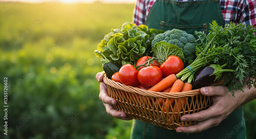 Fototapeta premium Person holding a basket of fresh vegetables in a field