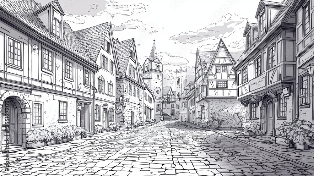 Fototapeta premium Old town streets with cobblestone pathways and historic facades symbolizing architectural charm and heritage 