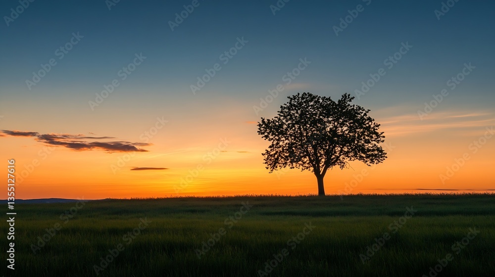 Solitary tree silhouetted against a stunning sunset over a tranquil landscape : Generative AI Solitary tree silhouetted against a stunning sunset over a tranquil landscape : Generative AI