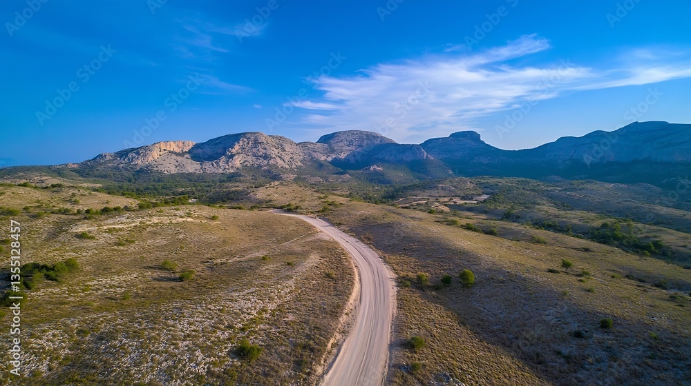 Fototapeta premium A scenic winding dirt road leading through a rugged landscape with mountains in the background : Generative AI