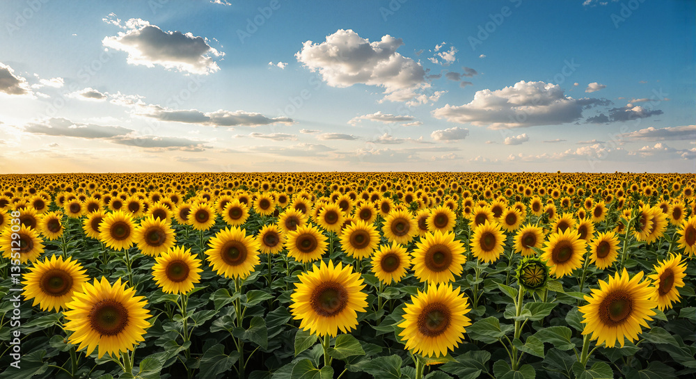 Fototapeta premium Sunflower field under blue sky with clouds