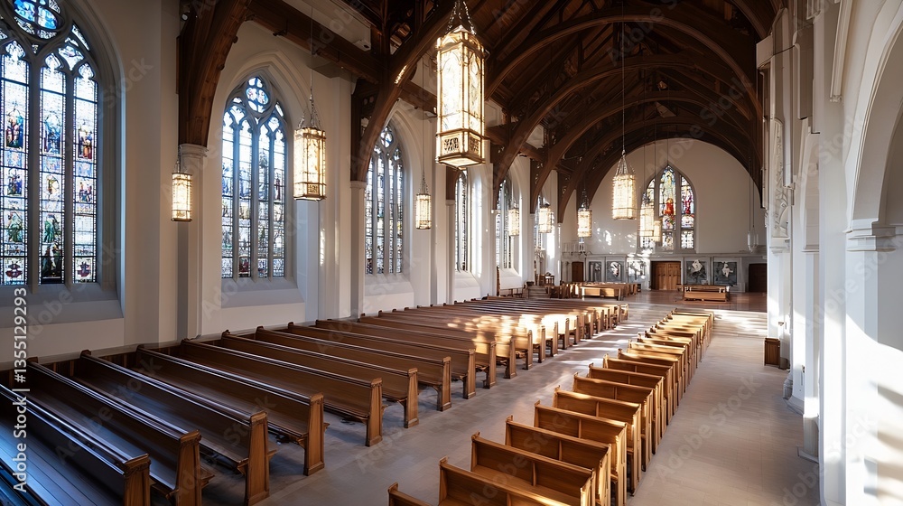 Fototapeta premium Interior view of beautiful church with wooden architecture and stained glass windows illuminated by sunlight : Generative AI