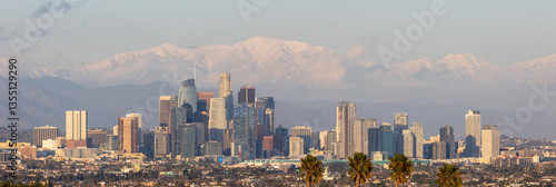 Los Angeles skyline with snow covered mountains in the distance