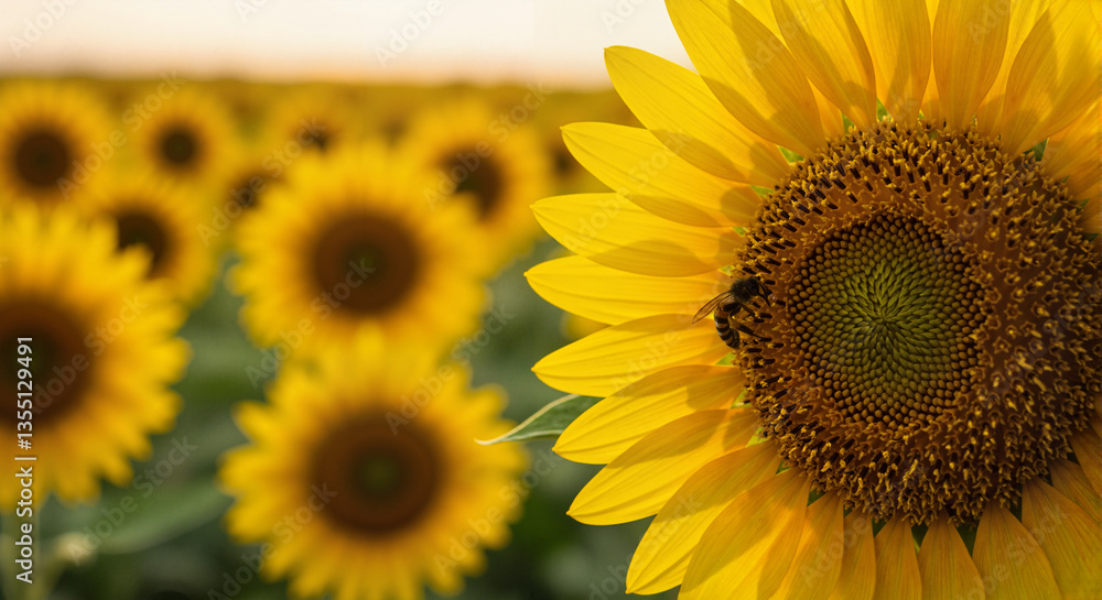 Obraz premium Sunflower in bloom with bee against field background