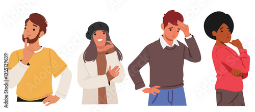 Young people diverse cartoon character thinking feeling ambivalent mixed emotions isolated set