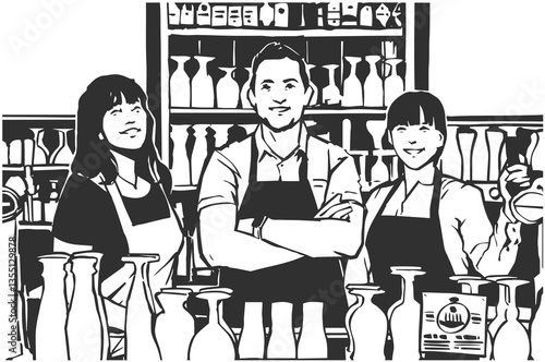 Black and white illustration of pub staff behind bar smiling
