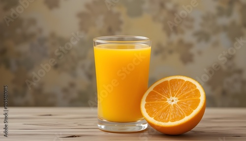 Glass of Fresh Orange Juice with Half Sliced Orange on Wooden Table