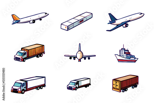 Generate a photorealistic image depicting efficient global transportation logistics cargo ships at port, and trucks transporting containers inland.