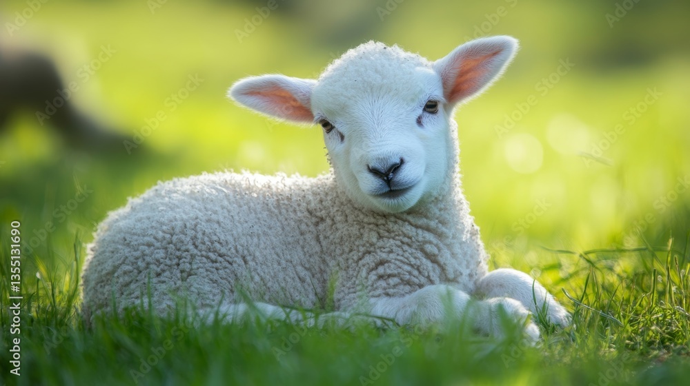Closeup of a lamb standing alone on green grass in sunlight Closeup of a lamb standing alone on green grass in sunlight