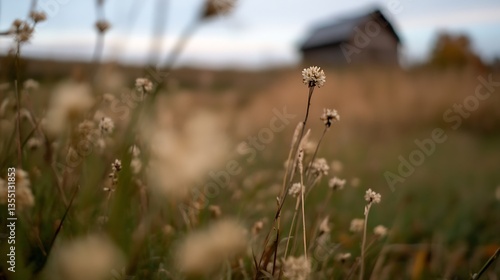 Beautiful close up of wildflowers with a rustic barn in the background under a clear blue sky : Generative AI