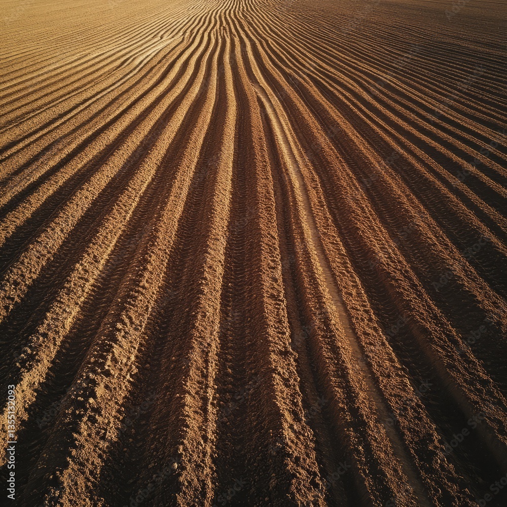 Fototapeta premium A birdâ€™s-eye view of a large, freshly plowed field with intricate furrows running across the land, the soil rich and inviting, ready for sowing.
