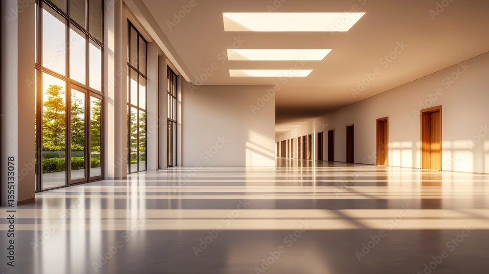 Empty modern hall with large windows, golden sunlight, and greenery outdoors Empty modern hall with large windows, golden sunlight, and greenery outdoors