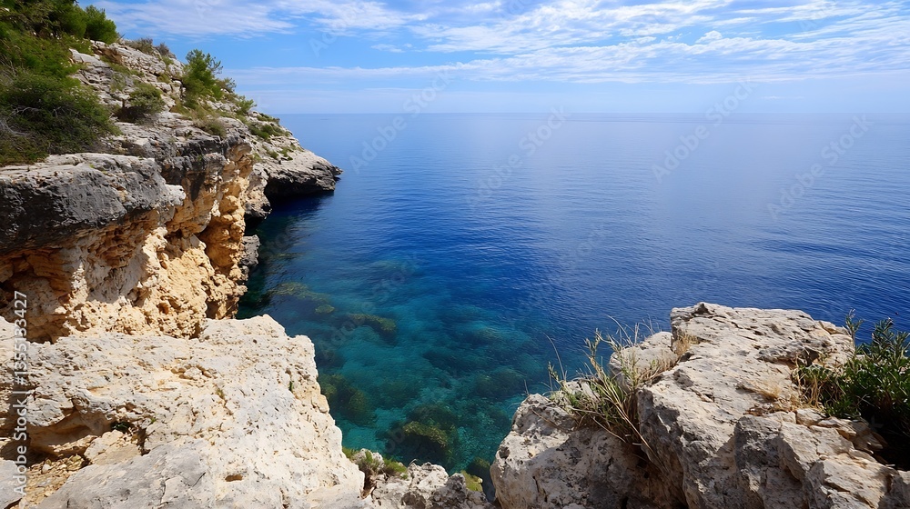 Stunning Coastal View of Clear Water and Rocky Cliffs Along a Peaceful Seascape : Generative AI Stunning Coastal View of Clear Water and Rocky Cliffs Along a Peaceful Seascape : Generative AI
