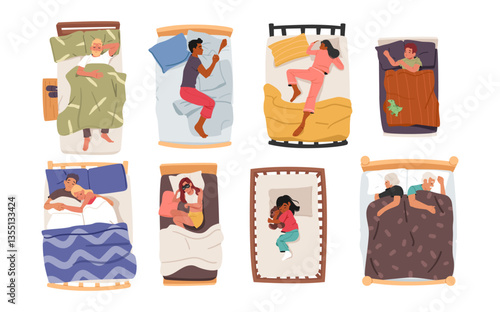 People cartoon characters of different ages sleeping in cozy bed set isolated on white background