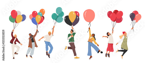 Happy joyful people flying holding balloons in hands jumping in air feeling freedom and carefree