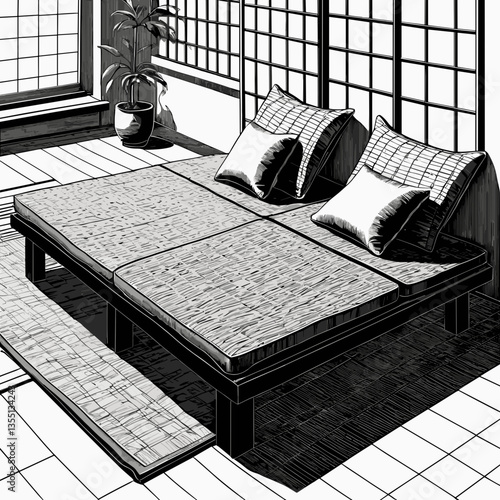 Minimalist Japanese Daybed with Woven Textile Cushions in Monochrome Illustration