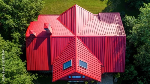 Aerial View of Modern House with Bright Red Metal Roof and Green Lawn