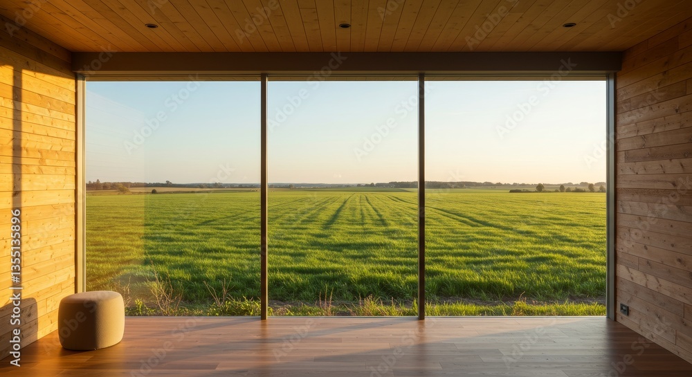Obraz premium Sunlit Meadow View Through Expansive Window - Tranquil scene of a sunlit green field viewed through large windows from a wooden interior, symbolizing serenity, nature, peace, openness, and escape