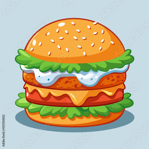 Yummy cartoon burger with toppings.